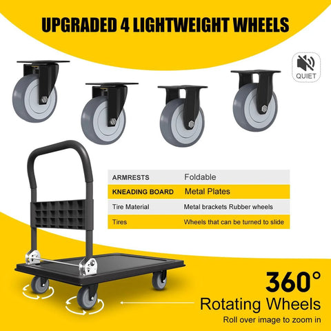 Heavy Duty Folding Push Cart With 1100 Pound Capacity Reinforced Platform Trolley showing 360 degree swivel front wheels
