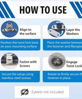 Front infographic showing four-step use of EZ-Xtend marine twist-lock fasteners: align, washers, screws, twist-lock.
