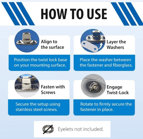 Front infographic showing four-step use of EZ-Xtend marine twist-lock fasteners: align, washers, screws, twist-lock.