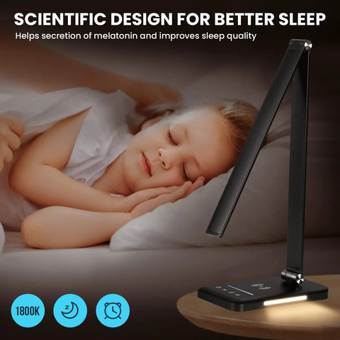 Wireless Charging Desk Lamp With Night Light 10W Fast Charge USB next to sleeping child on wooden table