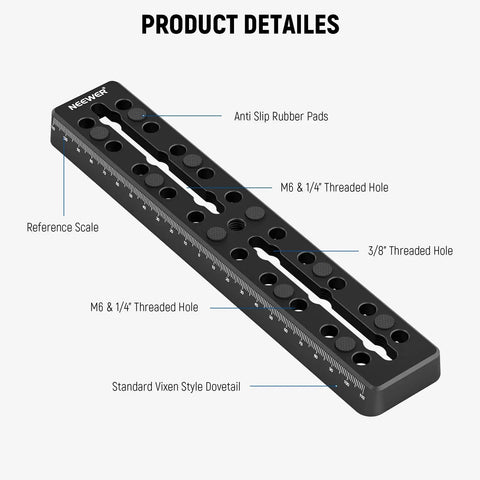 9 Inch Vixen Style Dovetail Rail Plate With Metal Mounting Saddle Dual Countersink Slots For Balancing Gear And M6 One Quarter Inch And Three Eighths Inch Camera Screws For OTA Telescope Mount Adapter And Equatorial Tripod with labeled features
