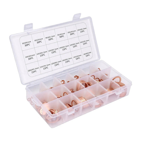Copper Crush Washer Kit With 350 Pieces 18 Sizes Your Go To Auto And Marine Copper Gasket Set For Oil Drain Plugs Replacement Washers For Repairs And Maintenance Assortment in labeled storage case