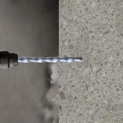 Straight Shooter Carbide Tipped Concrete And Masonry Drill Bits Flat Shank High Strength Carbon Steel For Screws 5 32 X 5 1 2 Inches 10 Piece Pack drilling into concrete surface.