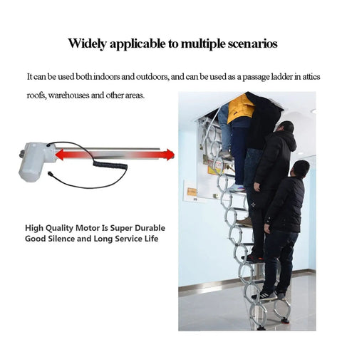 Electric Attic Ladder Pull Down Loft Stairs With Remote Control And Safety Handrails Heavy Duty Ceiling Access Zero Hassle Operation No Sweat Setup Quick Deploy Frame Design Built Tough As Nails with motor and people using it indoors.