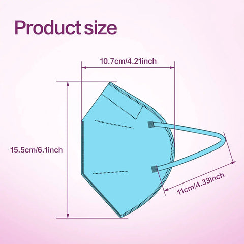 Disposable KN95 Face Mask Multicolor 5 Ply Breathable Respirator Protection Masks For Men And Women 25 Pack Blocks Over 95 Percent Of Particles For Daily Use And Comfort; size dimensions shown