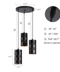 3 Light Modern Kitchen Island Pendant Lights With Cylindrical Metal Cage, Industrial Round Base, adjustable cords