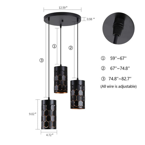 3 Light Modern Kitchen Island Pendant Lights With Cylindrical Metal Cage, Industrial Round Base, adjustable cords