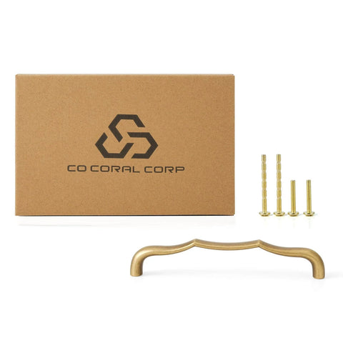 Solid Brass Cabinet Pulls 5 Pack, 5 Inch Hole Center Drawer Handles, Premium Hardware displayed with screws and packaging.