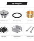 Six-piece chrome bathtub drain kit with lift-and-turn drain and two-hole overflow faceplate.