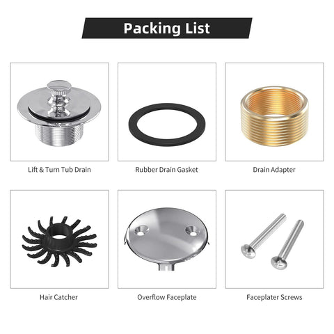 Six-piece chrome bathtub drain kit with lift-and-turn drain and two-hole overflow faceplate.