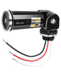 Set It And Forget It Dusk To Dawn Photocell Sensor With Swivel Mount for indoor and outdoor lighting shown with wires and swivel mount