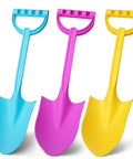 Heavy Duty 16 Inch Beach Shovel Set Of 3 For Kids And Adults, Rugged Plastic Sand Diggers in blue, pink, and yellow colors