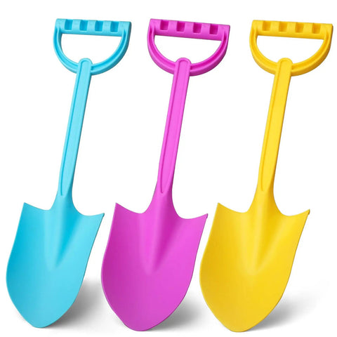 Heavy Duty 16 Inch Beach Shovel Set Of 3 For Kids And Adults, Rugged Plastic Sand Diggers in blue, pink, and yellow colors