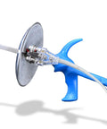 Close-up of 2-Prong Foil And Sabre Body Cord With Transparent Cable Plugs connected to blue fencing grip