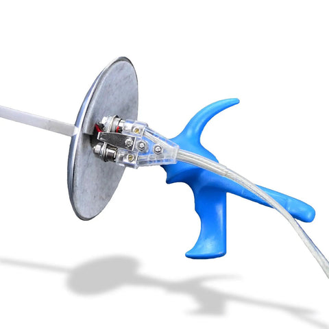 Close-up of 2-Prong Foil And Sabre Body Cord With Transparent Cable Plugs connected to blue fencing grip