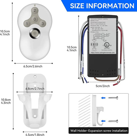 Ceiling Fan Remote Control Kit Universal 3-Speed Fan And Dimmer Light dimensions and installation details
