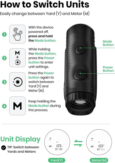 Instructions for switching units from Yard to Meter on a Heavy Duty Golf Rangefinder featuring Auto Slope Compensation.