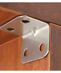 Beefy Stainless Steel L Shaped 90 Degree Corner Bracket for Furniture and Shelves attached to wood, heavy duty and corrosion resistant