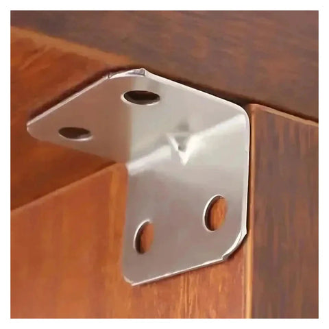 Beefy Stainless Steel L Shaped 90 Degree Corner Bracket for Furniture and Shelves attached to wood, heavy duty and corrosion resistant