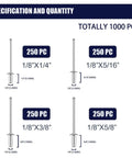 Bulk 1000 Piece Aluminum Blind Rivet Kit With Four Size Options, 1/8 Inch Pop Rivets In 1/4, 5/16, 3/8, And 5/8 Inches, Corrosion Resistant Fasteners For Automotive, Construction, Metalworking, And DIY Home Repairs In Sturdy Case specification sheet showing 250 pieces per size