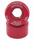 Super Lucky 50mm Red Quad Indoor Roller Skate Wheels 98A Durometer With SSS Red Core stacked, showing branding details.