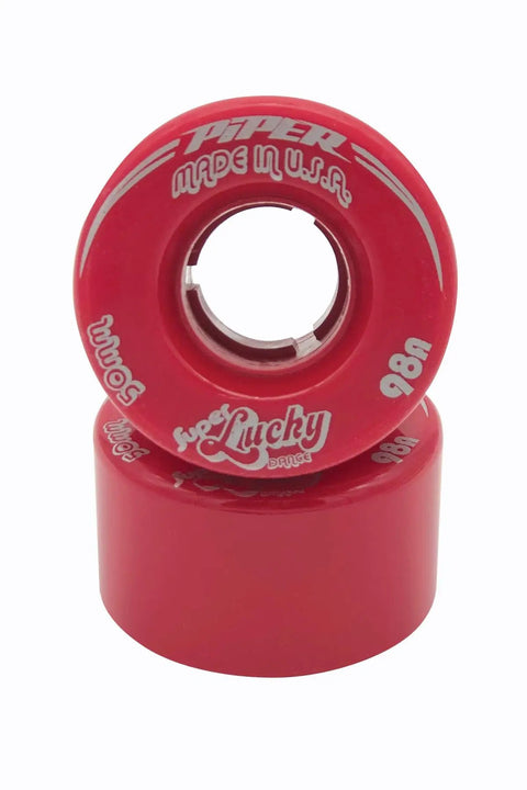 Super Lucky 50mm Red Quad Indoor Roller Skate Wheels 98A Durometer With SSS Red Core stacked, showing branding details.