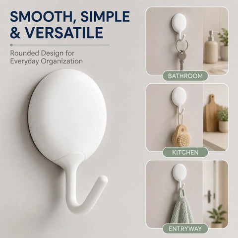 Heavy Duty Adhesive Wall Hooks For Bathroom And Kitchen No Drill Strong Sticky Hangers For Towels Coats Zero Hassle Residue Free 4 Pack solid white wall hook mounted in bathroom.