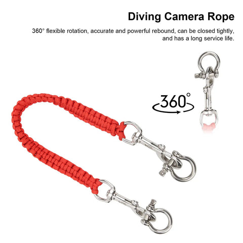 Diving Camera Lanyard With 360 Degree Retractable Rotation, red cord, stainless steel clips and bow lock, ideal for underwater use