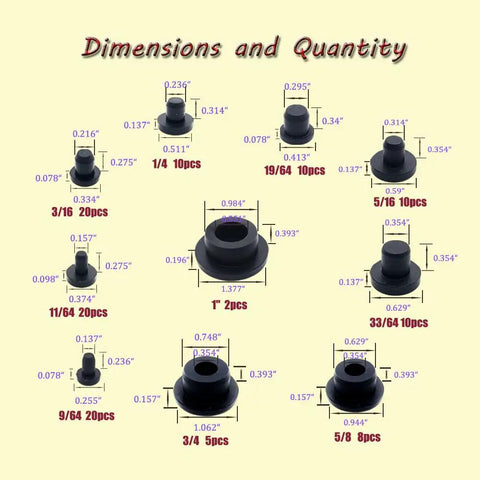 Kickass 115 Piece Silicone Hole Plugs Set With 10 Sizes T Style rubber stoppers dimensions and quantity chart for tube sealing