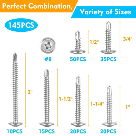 145 Pieces Self Tapping Screws For Metal Kit In 410 Stainless Steel Rust Resistant Six Sizes From One Half Inch To Two Inches Modified Truss Head