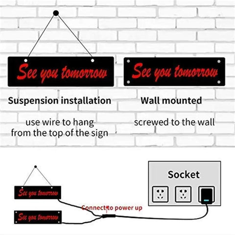See you tomorrow LED sign installation options and power details with wall mount and suspension setup guide.