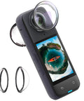 Tough As Nails Lens Guards For X4 Action Camera With Tempered Glass Protectors, showing two lens guards next to camera