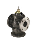 Heavy Duty Workhorse Three Way Mixing Flanged Globe Valve With Pneumatic Spring Return Actuator And Solid Brass Trim, shown from the side.
