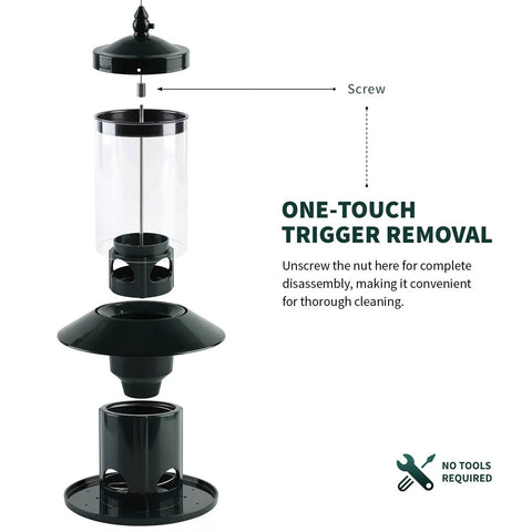 Exploded view of Ultimate Squirrel Proof Bird Feeder With 360 Degree Perch Tray, showing no-tools screw assembly and disassembly.