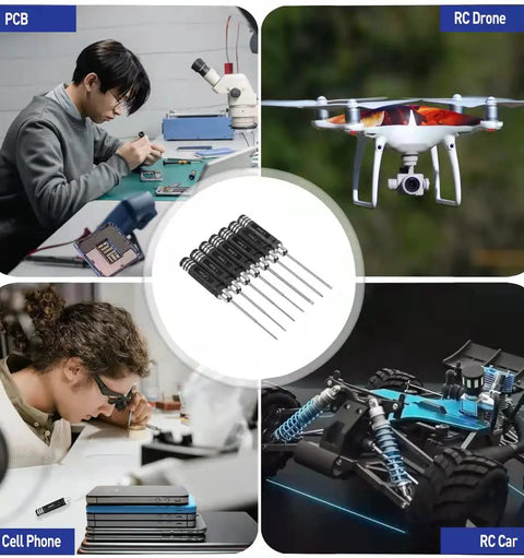 Collage showcasing uses of 7-Piece RC Hex Driver Set Tool Kit For Drones And RC Cars With Aluminum Handle And Steel Wrenches