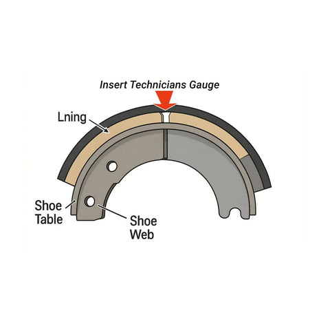 DCOMA brake pad thickness gauge diagram showing lining, shoe parts, and insert indicator