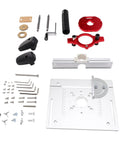 Shop Ready Rock Solid Aluminum Router Lift System With Precision Table Insert Plate And Stainless Rods For Accurate Hole Positioning, assembly parts laid out.