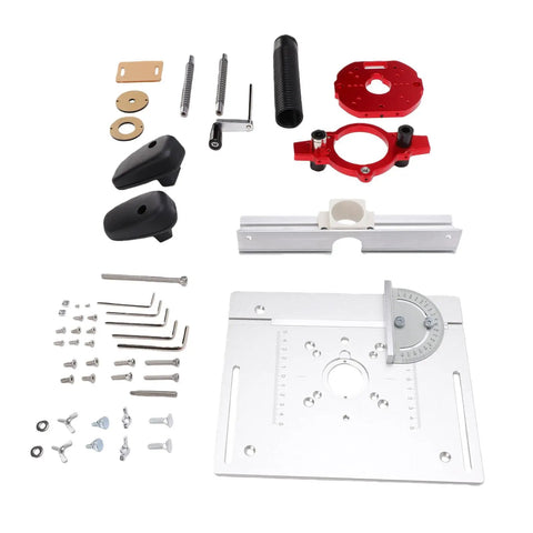 Shop Ready Rock Solid Aluminum Router Lift System With Precision Table Insert Plate And Stainless Rods For Accurate Hole Positioning, assembly parts laid out.