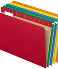 Multicolored hanging file folders in shades of red, orange, yellow, green, and blue with metal hooks.