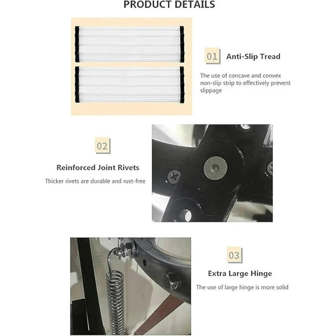 Product details showing anti-slip treads, reinforced rivets, and extra large hinge for Heavy Duty Electric Pull Down Attic Stairs Folding Loft Ladder Telescopic Ceiling Access Built Like A Tank Zero Wobble Smooth Operation Pro Grade Setup.