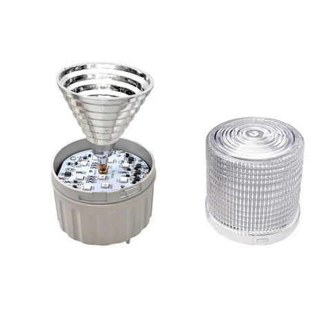 Industrial Grade LED Rotating Strobe Beacon For Emergency Warning, 24V DC Revolving Signal Light with internal components shown.
