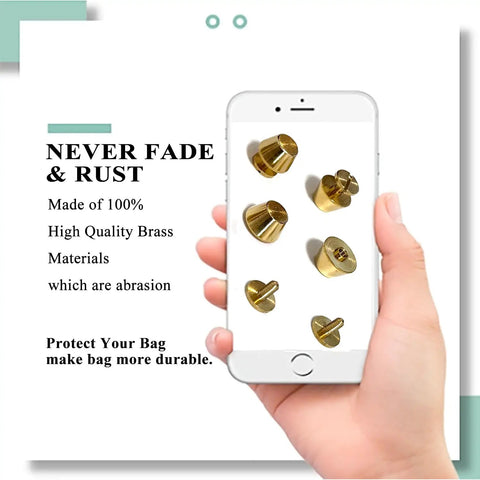 Hella Durable Gold Brass Rivet Studs For Handbags And Purses Heavy Duty Screw Back Feet half inch in hand, showcasing various designs.