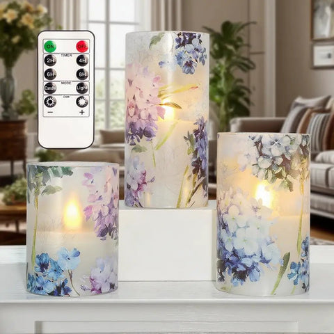 Blue Violet Hydrangea Flameless Candles Set With LED Flicker And Remote Dim in living room, battery operated wax candles.