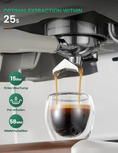 All-In-One 58mm Espresso Machine With Built-In Grinder And Milk Steam Wand, 15 Bar, Stainless Steel drip into glass