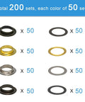 One Quarter Inch Grommet Kit 200 Piece Set with Durable Metal Eyelets in Gold Silver Black Bronze for Leather Craft and DIY Projects