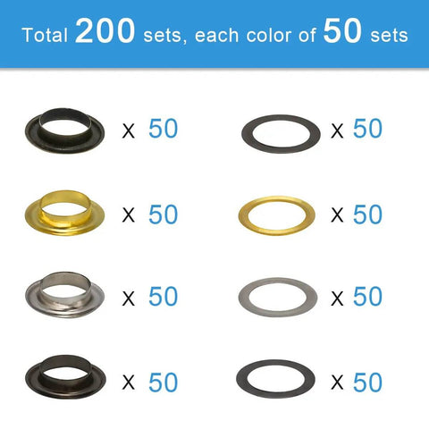 One Quarter Inch Grommet Kit 200 Piece Set with Durable Metal Eyelets in Gold Silver Black Bronze for Leather Craft and DIY Projects