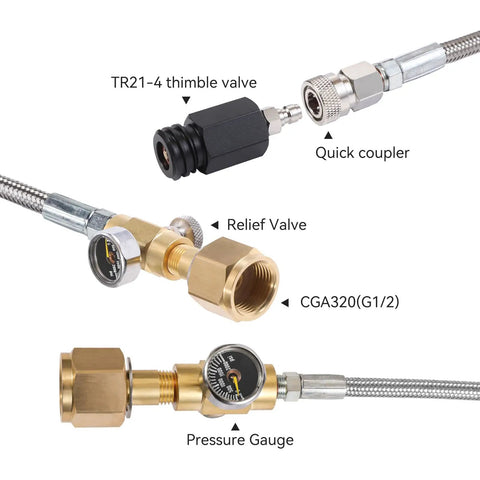 Universal CO2 Tank Adapter For Soda Makers With 60 Inch Stainless Steel Hose Pressure Gauge And Exhaust Valve CGA320 To TR21 Four Connector