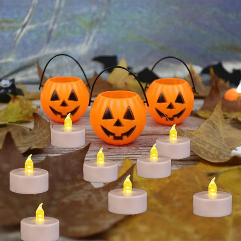100 Pack Flameless LED Tea Lights Candles With Realistic Flicker And About 200 Hours Battery Life in Jack-O'-Lantern decor