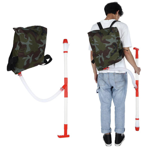 Person with handheld manual fertilizer spreader with bag for farm crops like corn vegetables sugar cane and fruit trees