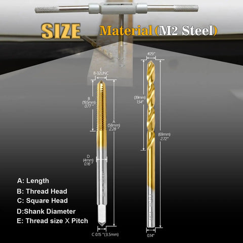 8-32 UNC Tap And No 29 Drill Bit Set With M2 HSS Drill Bit Titanium Plated For Stainless Steel And Metal dimensions